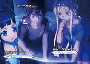 Kazuto, Alice, and Yui deciphering a mysterious message regarding a link to Underworld.