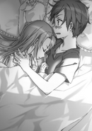 Asuna soundly nestled in a bewildered Kirito's arms.