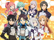 Itsuki with Afasys, Asuna, Kirito, Kureha, Sinon, the Protagonist and Zeliska on an illustration commemorating Fatal Bullet's second anniversary.