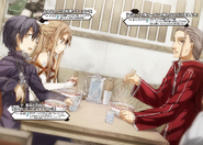 Heathcliff discussing the possibilities of murders within the Area with Kirito and Asuna.