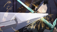 Kirito blocking Heathcliff's attack