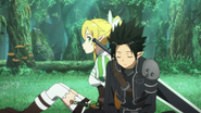 Kirito logging out in the field with Leafa guarding