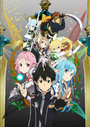 Kirito mit Asuna, Lisbeth, Leafa, Silica, Sinon und Klein auf der Calibur Key Visual.