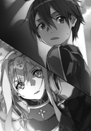 Alice being pulled up by Kirito on the outside of the Central Cathedral.