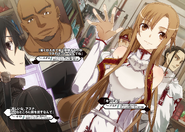 Asuna greeting Kirito in Agil's shop.