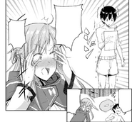 Asuna embarrassed at seeing Kirito abruptly removing unnecessary equipment before swimming - Barcarolle manga c1