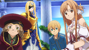 Alice, Asuna, Cardinal, and Eugeo watching over a comatose Kirito AL