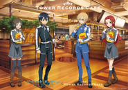 Eugeo with Kirito, Ronye, and Tiese on a visual for a collaboration between SAO and Tower Records Cafe.