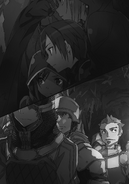 Kirito, Asuna, and Kizmel hiding from Kibaou's party.