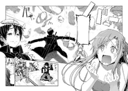 Kirito smiling after successfully managing to have Asuna materialise all her items from her inventory.