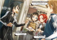 Kirito offering honey pies to Eugeo, Ronye Arabel, and Tiese Shtolienen.