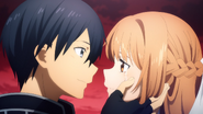 Kirito and Asuna peering into each other's eyes during their reunion.