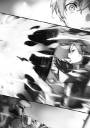 Kirito deflecting an attack from the Conflagrant Flame Bow with a Sword Skill.