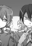 Kirito and Eugeo attempting to ignore Humbert Zizek's and Raios Antinous's taunts.