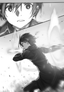 Kirito as the Black Swordsman unleashing Vorpal Strike at Chudelkin.