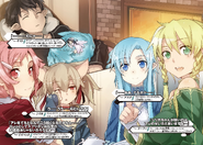 Asuna, Leafa, Lisbeth, and Silica at her and Kirito's Log House watching Kirito, Pina, and Yui sleep.