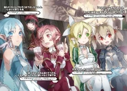 Lisbeth watching the Bullet of Bullets livestream with Asuna, Klein, Leafa, Pina, Silica, and Yui.