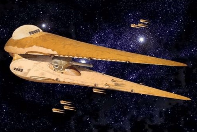 Space warship corvette star wars style yellow and silver hull exploring the  galaxies