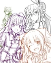 Sketch of Eleanor, Renri, GENBU, and AiKO; illust. onidaruman