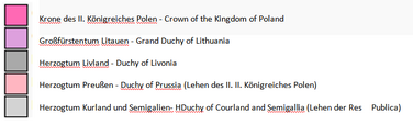 Legende zum Rechtsstand der Gebiete weitester Ausdehnung der Res Publica Serenissima 1619 im Frieden von Deulino mit heutigen Staatsgrenzen und damaligen Rechtsbeziehungen als Grundlage der Erstellung des Adelslexikons