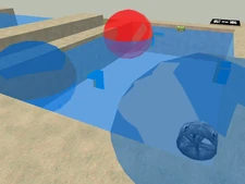 A pool with moving obstacles and circular-shaped areas simulating wind. One of those circular areas has a turbine model on it.