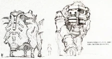 Sketches of designs for two quadruped colossi. Their strategy was used for the 2nd colossus, according to the artbook.
