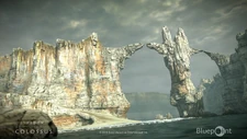 The arch bridge seen from the beach in the PS4 remake.