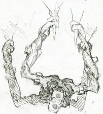 Sketch of Saru with it using its four limbs to grab the stalactites.