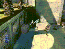 A fight against two guards in the area next to the courtyard from the PS1 version.