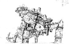 An early design sketch for the 8th colossus. Its design resembles the early screenshot from the artbook. The lower part of its neck is covered in fur and its top part seems to be covered in some type of grass or moss.