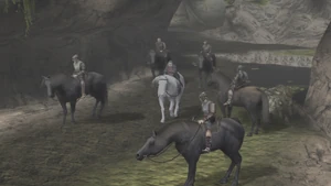 Lord Emon with his men and their horses.