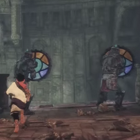 Two Armored Knights wield their Talisman Shields against Trico.