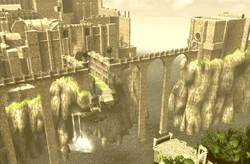 An exterior view of the castle where Ico is taken to and placed within.  This view of the castle is used as the backdrop for the game's title screen.