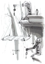 A sketch of the device used to lower Trico down into the cave.