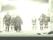 Lord Emon and his men entering the Shrine of Worship. Note that the first man on the left and the second man on the right wear cloaks similar to the Cloak of Force.