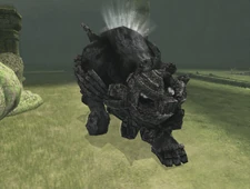 The 14th colossus with its armor broken in the E3 Demo. Note the lightning effect on its back.
