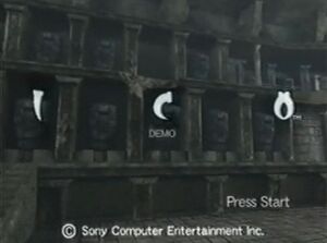 The title screen for the ICO demos, which features a view of the tombs instead of the castle exterior.