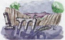 Artwork of Wander fighting the 7th colossus with the harpoon.