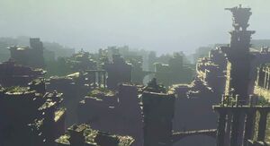A view of the expansive ruins from atop Trico. The design was somewhat changed between this E3 2009 look and the final game, though the atmosphere and architectural style remained.
