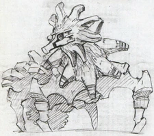 Another design sketch for a gecko colossus resembling an axolotl. The only apparent fur on it seems to be on its head and neck, possibly also on its back. Its mouth doesn't appear to be able to launch projectiles. There is a possibility that this is a sketch for Yamori A.