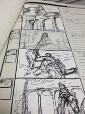 A scrapped storyboard depicting the heroine being carried by a cow.