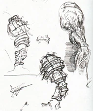 Sketches of multiple designs for the 14th colossus' legs.