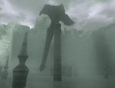 The 5th colossus perched on its tower, with its wings open after noticing Wander.