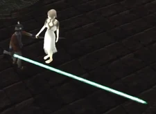 Ico wielding the Light Saber while holding Yorda's hand.