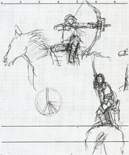 Sketch drawn by Fumito Ueda of Wander aiming backwards in order shoot the 10th colossus' eyes.