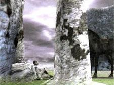 A mock-up of Wander sitting next to the stonehenge structure, taken from the artbook.