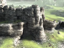 Several doves flying around a cliff in E7.