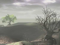 A wide shot of the two colossal trees. The north tree is visible in the foreground in high resolution, while the south tree is visible in its slow resolution in the background.