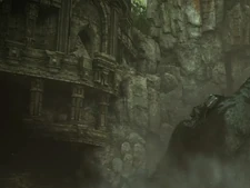 The temple's door blocked by rubble in the remake.