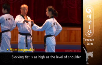 Middle Block (i.e., momtong makgi or Inward Block) in Walking Stance from .